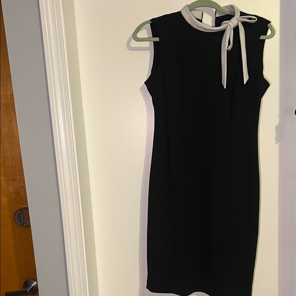 Calvin Klein Black Midi Dress with White Bow Neck